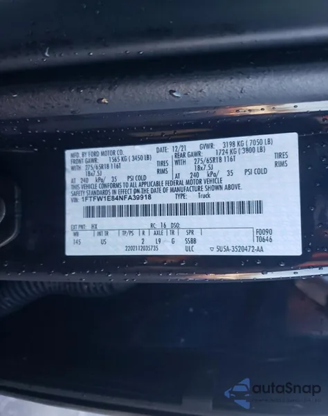 2022 Ford F150 Supercrew z USA, uszkodzony, nr VIN 1FTFW1E84NFA39918